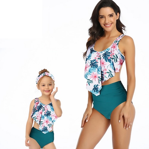 

Mommy and Me Swimsuit Floral Graphic Leaf Sports & Outdoor Print Ink Blue Adorable Matching Outfits / Fall / Summer / Cute