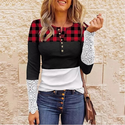 

Women's T shirt Tee Henley Shirt Red Black Plaid Color Block Button Lace Trims Long Sleeve Daily Sexy Round Neck Regular S / Print