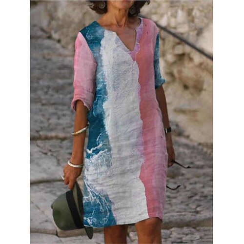 

Women's Shift Dress Midi Dress Rainbow Half Sleeve Geometric Patchwork Fall Spring Autumn V Neck Casual Loose Fit Linen S M L XL XXL 3XL