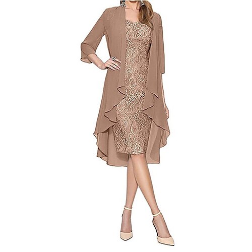 

Women's Two Piece Dress Knee Length Dress Black Gray Brown Long Sleeve Floral Lace Spring Summer V Neck Party Stylish Elegant 2022 S M L XL XXL 3XL 4XL 5XL / Party Dress / Slim