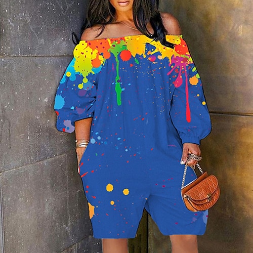 

Women's Romper Print Rainbow Off Shoulder Active Daily Going out Harem Loose Fit Long Sleeve Bishop Sleeves Blue Orange Red S M L Spring