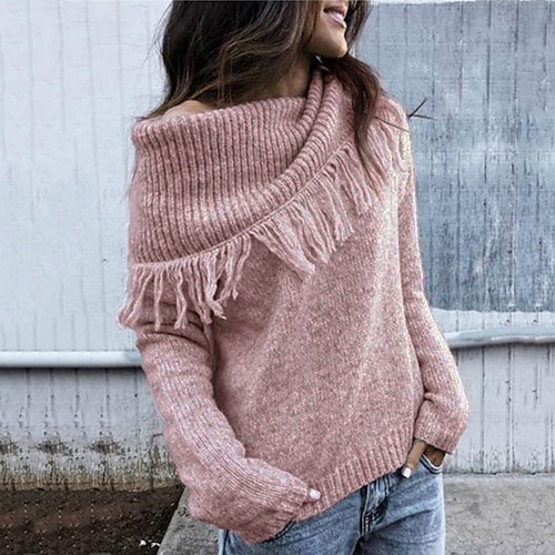 

Damen Strickwaren Grobstricken Stricken Quaste Strick Feste Farbe Bateau Basic Stilvoll Outdoor Heim Winter Herbst Rosa Grau Weiß S / Baumwolle / Langarm / Pullover / Baumwolle / Casual