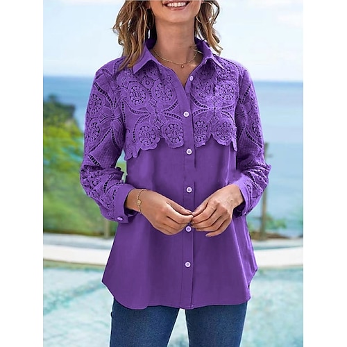 

Women's Blouse Plain Daily Weekend Blouse Shirt Long Sleeve Lace Button Shirt Collar Casual Streetwear Purple Pink Wine S
