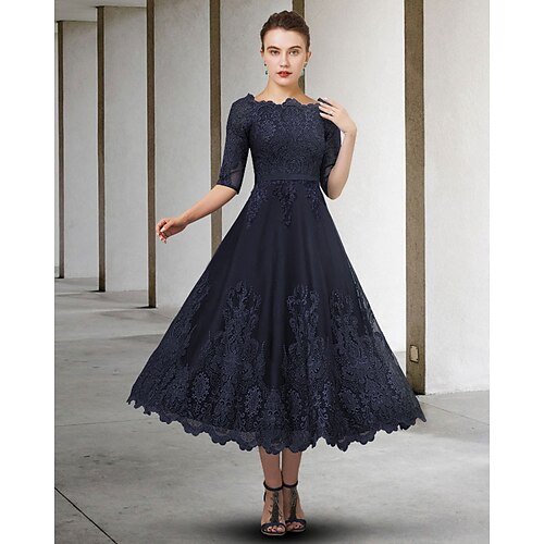 

A-Line Mother of the Bride Dress Elegant Jewel Neck Ankle Length Lace Tulle Half Sleeve with Appliques 2022