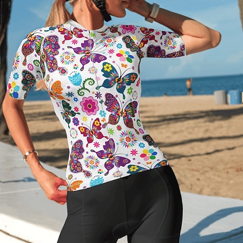 

21Grams Women's Cycling Jersey Short Sleeve Bike Jersey Top with 3 Rear Pockets Mountain Bike MTB Road Bike Cycling Fast Dry Breathable Quick Dry Moisture Wicking White Green Purple Graphic Butterfly