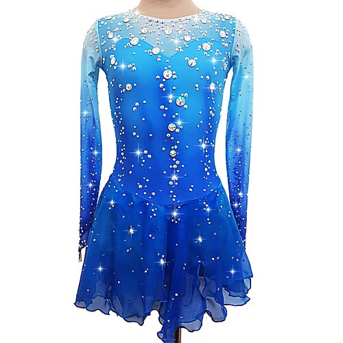 

Figure Skating Dress Women's Girls' Ice Skating Dress Outfits Blue Open Back Mesh Spandex High Elasticity Competition Skating Wear Handmade Crystal / Rhinestone Long Sleeve Ice Skating Figure Skating