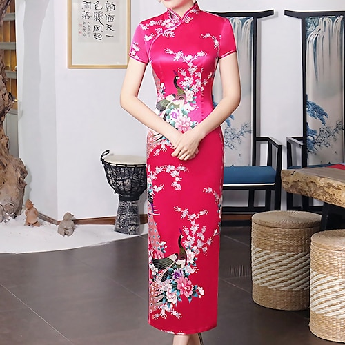 

Women's Sheath Dress Cheongsam Dress Midi Dress Green Black Blue Short Sleeve Animal Embroidered Spring Summer Mandarin Collar Chinoiserie S M L XL XXL 3XL