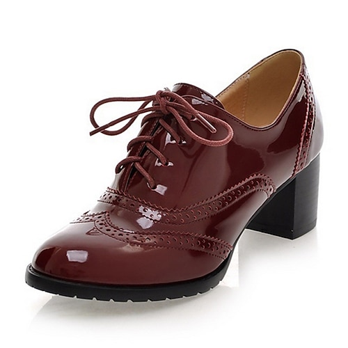 

Women's Oxfords Daily Brogue Block Heel Round Toe Classic British Patent Leather Lace-up Solid Colored Black Burgundy Blue