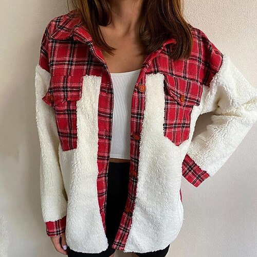 

Women's Sherpa jacket Fleece Jacket Teddy Coat Warm Breathable Outdoor Street Daily Going out Pocket Single Breasted Turndown Active Leopard Regular Fit Outerwear Long Sleeve Winter Fall Green Blue