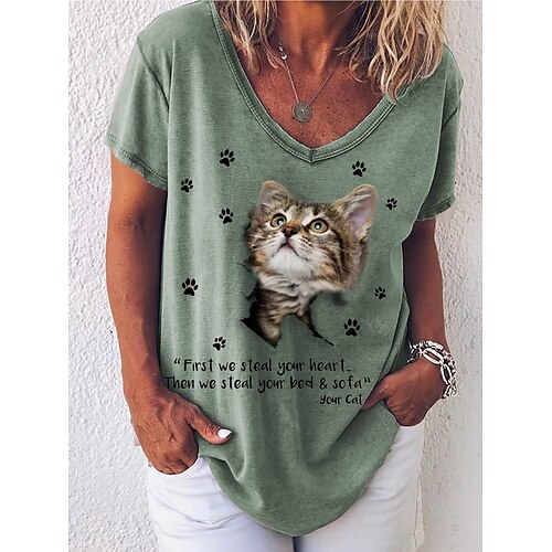 

T shirt Tee Femme Vert Chat Texte Imprimer Manche Courte du quotidien Fin de semaine basique Col V Normal Standard Chat Peinture M