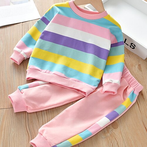 

2 Pieces Kids Girls' Clothing Set Outfit Patchwork Long Sleeve Cotton Set Outdoor Cute Sweet Fall Spring 3-10 Years Purple Pink