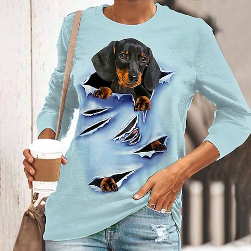 

T shirt Tee Femme Blanche Rose Claire Bleu Chien 3D Imprimer manche longue Casual Fin de semaine basique Col Rond Normal Standard 3D Peinture S