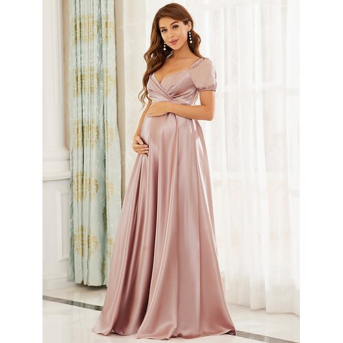 

A-Line Maternity Elegant Formal Evening Dress V Neck V Back Short Sleeve Floor Length Satin with Pure Color 2022 / Puff Balloon Sleeve