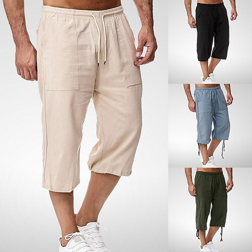 

Men's Cotton Linen Drawstring Capri Pants Elastic Waist Casual 3/4 Loose Fit Below Knee Shorts Soft Beach Crop Trousers Summer Quick Dry Lightweight Breathable Pockets