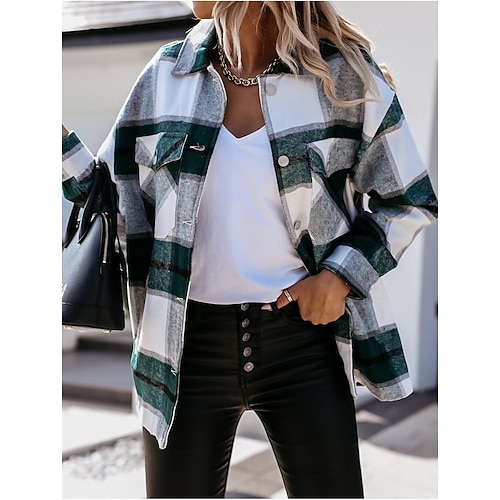 

Women's Blouse Shirt Shacket Green Pink Khaki Plaid Color Block Button Pocket Long Sleeve Daily Weekend Basic Streetwear Shirt Collar Regular S