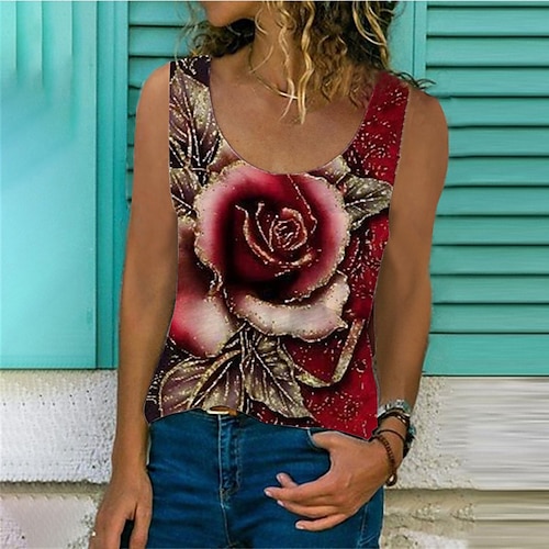 

Mulheres Camisa Social Malha Íntima Vermelho Azul Roxo 3D Flor Imprimir Sem Manga Feriado Final de semana Básico Roupa de rua Decote U Padrão S