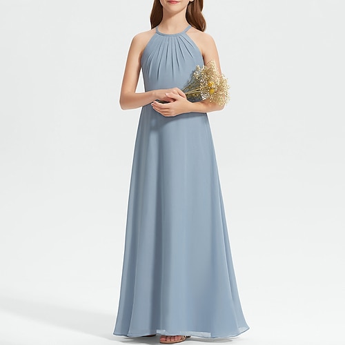 

A-Line Floor Length Halter Neck Chiffon Junior Bridesmaid Dresses&Gowns With Pleats Wedding Party Dresses 4-16 Year