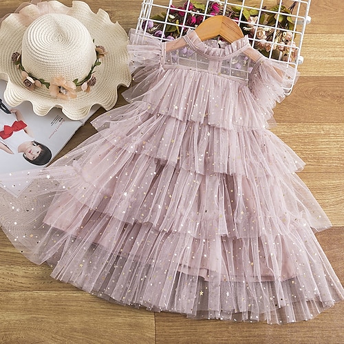 

Kids Little Girls' Dress Solid Colored Tulle Dress Party Birthday Mesh Sparkle Pink Above Knee Short Sleeve Princess Sweet Dresses Spring Summer Slim 3-10 Years