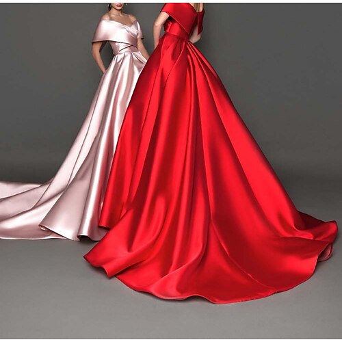 

Ball Gown Celebrity Style Minimalist Princess Quinceanera Formal Evening Dress Off Shoulder Short Sleeve Court Train Satin with Pleats Pure Color 2022