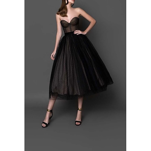 

Ball Gown Little Black Dress Elegant Homecoming Cocktail Party Dress Strapless Sleeveless Tea Length Tulle with Polka Dot 2022