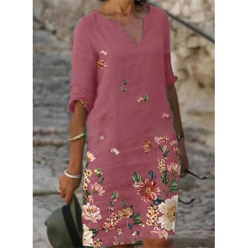 

Women's Shift Dress Knee Length Dress Black Pink Gray Half Sleeve Floral Print Fall Spring V Neck Elegant Casual Loose 2022 S M L XL XXL 3XL