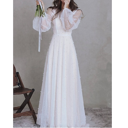 

A-Line Wedding Dresses Jewel Neck Floor Length Tulle Long Sleeve Country Romantic Beach with Pleats Pearls 2022