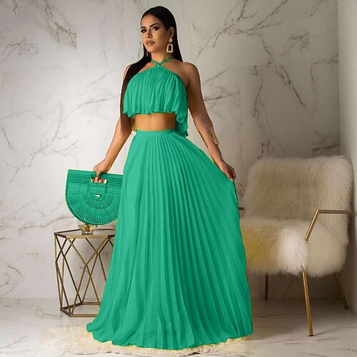 

Women's Camisole Crop Top Blouse Streetwear Green Yellow Casual Club Beach Solid Color Pleated Ruffle Halter Neck S M L XL XXL
