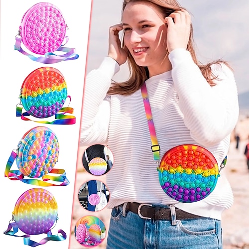 

1 pcs bolsa bolsa de ombro pop bonito com pacote de brinquedos de fidget para meninas mulheres - bolsa bolha pop arco-íris bolsa crossbody para meninas suprimentos escolares presentes de aniversário