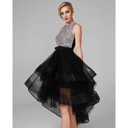 

Ball Gown Sparkle & Shine Dress Homecoming Knee Length Sleeveless Jewel Neck Satin with Beading Cascading Ruffles 2022 / Cocktail Party / Prom / High Low / Keyhole