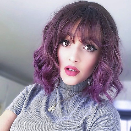 

Purple Wigs for Women Rosebud Wavy Bob Wig with Bangs Natural Ombre Purple Wig Synthetic Hair Shoulder Length Short Curly Wigs for Women