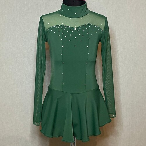 

Figure Skating Dress Women's Girls' Ice Skating Dress Outfits Green Open Back Mesh Spandex High Elasticity Competition Skating Wear Handmade Crystal / Rhinestone Long Sleeve Ice Skating Figure Skating