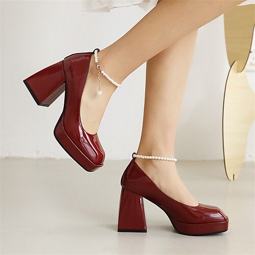 

Women's Heels Daily Mary Jane Chunky Heel Square Toe Casual Walking Shoes Patent Leather Ankle Strap Solid Colored Almond Black Burgundy