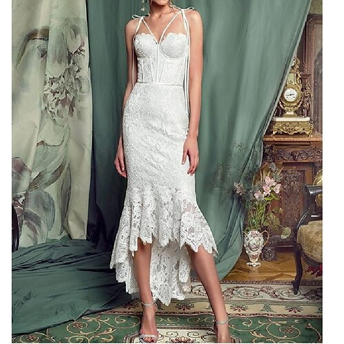 

Sheath / Column Wedding Dresses Spaghetti Strap Strapless Asymmetrical Tea Length Lace Sleeveless Vintage with Solid Color 2022