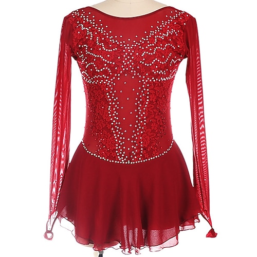 

Figure Skating Dress Women's Girls' Ice Skating Dress Outfits Red Spandex High Elasticity Training Competition Skating Wear Handmade Crystal / Rhinestone Long Sleeve Ice Skating Figure Skating