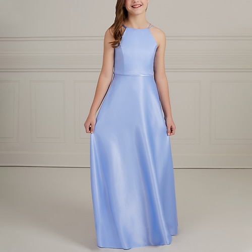 

A-Line Floor Length Spaghetti Strap Satin Junior Bridesmaid Dresses&Gowns With Pleats Wedding Party Dresses 4-16 Year