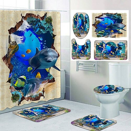 

3D Fresh Seaside Pattern Printing Bathroom Shower Curtain Leisure Toilet Four-Piece Design