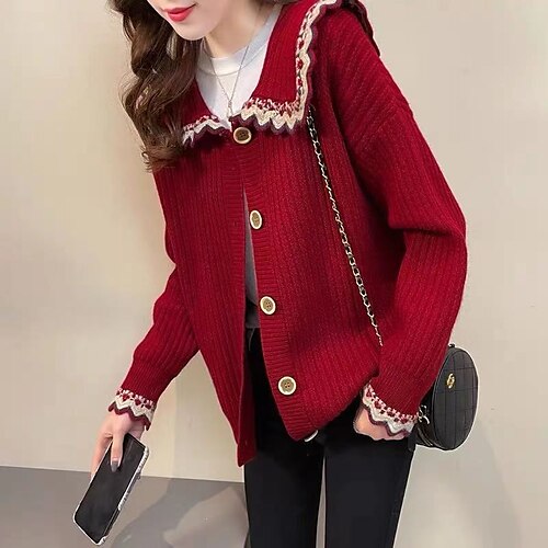 

Women's Ugly Christmas Sweater Pullover Sweater Jumper Knit Button Knitted Pure Color Shirt Collar Stylish Elegant Christmas Holiday Drop Shoulder Winter Fall Navy Red One-Size / Long Sleeve / Casual