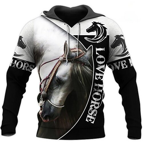 

Homme Sweat à capuche Noir et Blanc Capuche Cheval Imprimés Photos Imprimer Casual du quotidien Des sports 3D effet Grande Taille Vêtement de sport Casual Grand et grand Printemps Automne Vêtement