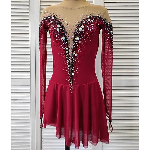 

Figure Skating Dress Women's Girls' Ice Skating Dress Outfits Red Mesh Spandex High Elasticity Competition Skating Wear Handmade Crystal / Rhinestone Long Sleeve Ice Skating Figure Skating / Summer