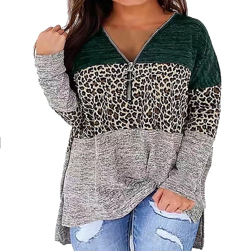 

Women's Plus Size Tops Blouse Shirt Hoodie Leopard Striped Patchwork Zipper Long Sleeve V Neck Streetwear Daily Weekend Polyester Fall Winter Green Blue / Print