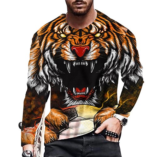 

Men's Unisex T shirt Tee Tiger Graphic Prints Crew Neck Orange 3D Print Daily Holiday Long Sleeve Print Clothing Apparel Designer Casual Big and Tall
