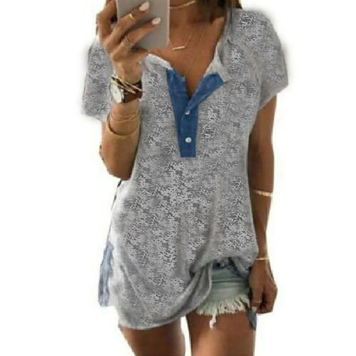 

Women's Tunic Plain Daily Tunic Henley Shirt T shirt Tee Short Sleeve Ladies Flowy Button V Neck Basic Essential Casual White Gray S