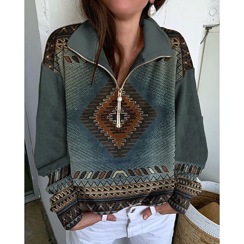 

Women's Sweatshirt Pullover Basic Streetwear Ethnic Quarter Zip Print Blue Geometric Tribal Daily Standing Collar Long Sleeve S M L XL XXL