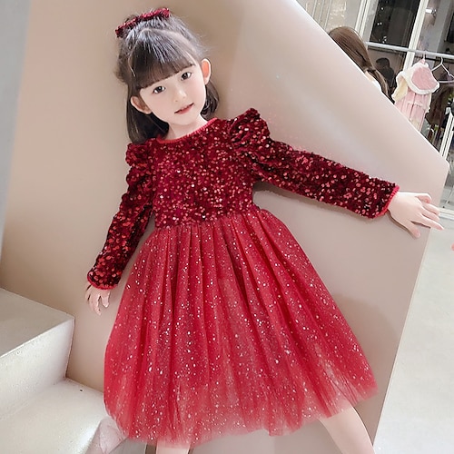 

Kids Little Girls' Dress Solid Colored Sequin Tulle Dress Party Birthday Mesh Gray Red Above Knee Long Sleeve Princess Sweet Dresses Fall Winter Slim 3-10 Years