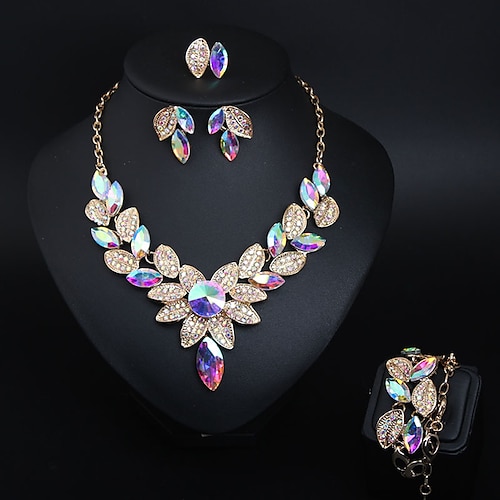 

Bridal Jewelry Sets Four-piece Suit Crystal Rhinestone Alloy 1 Necklace 1 Bracelet 1 Ring Earrings Women's Statement Colorful Cute Fancy Flower irregular Jewelry Set For Party Wedding