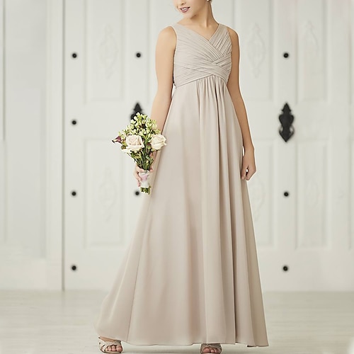 

A-Line Floor Length V Neck Chiffon Junior Bridesmaid Dresses&Gowns With Criss Cross Wedding Party Dresses 4-16 Year