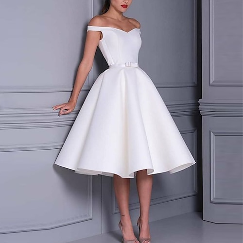 

A-Line Minimalist Little White Dresses Graduation Cocktail Party Dress Off Shoulder Sleeveless Tea Length Satin with Sleek Bow(s) Pure Color 2022
