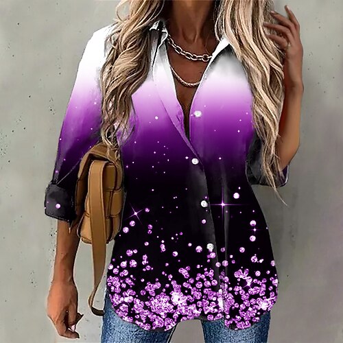 

Chemise Chemisier Femme Noir Bleu Violet Graphic Dégradé de Couleur Bouton Imprimer manche longue Casual du quotidien Vêtement de rue Décontractées Col de Chemise Normal Standard S