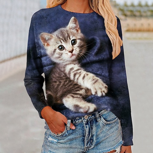 

Mulheres Camiseta Azul Gato 3D Imprimir Manga Longa Casual Diário Básico Estilo bonito Decote Redondo Padrão Gato 3D Pintura S