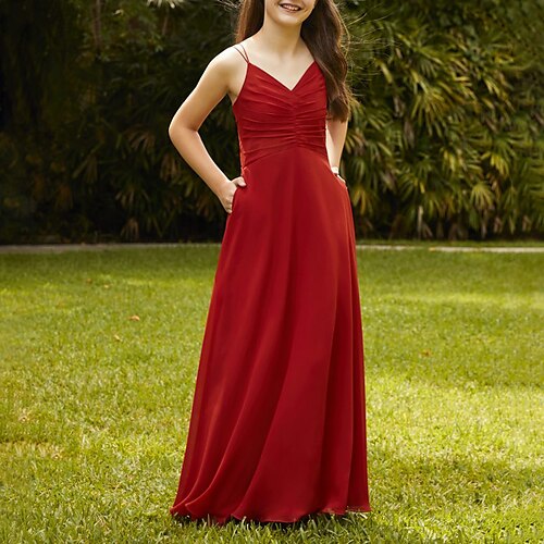 

A-Line Floor Length Spaghetti Strap Chiffon Junior Bridesmaid Dresses&Gowns With Ruching Wedding Party Dresses 4-16 Year